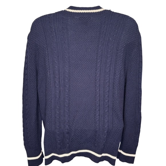 ART OF RHETORIC Mens Navy Blue Cable Knit Letter Cardigan Sweater Sz L Academia - Picture 2 of 9